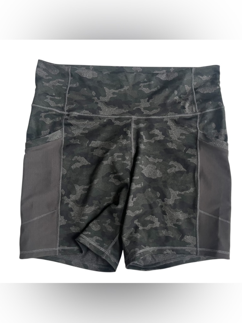 Fabletics On-The-Go PowerHold High-Waisted Biker Shorts Women’s 1X Charcoal Camo